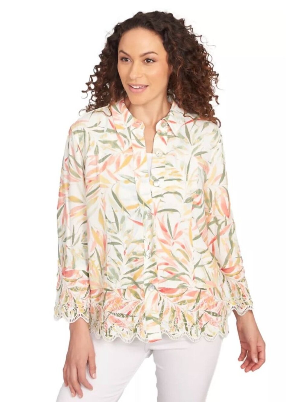 NWT Ruby Rd Women's Tropical Fern Button Front Linen Shirt Size Large